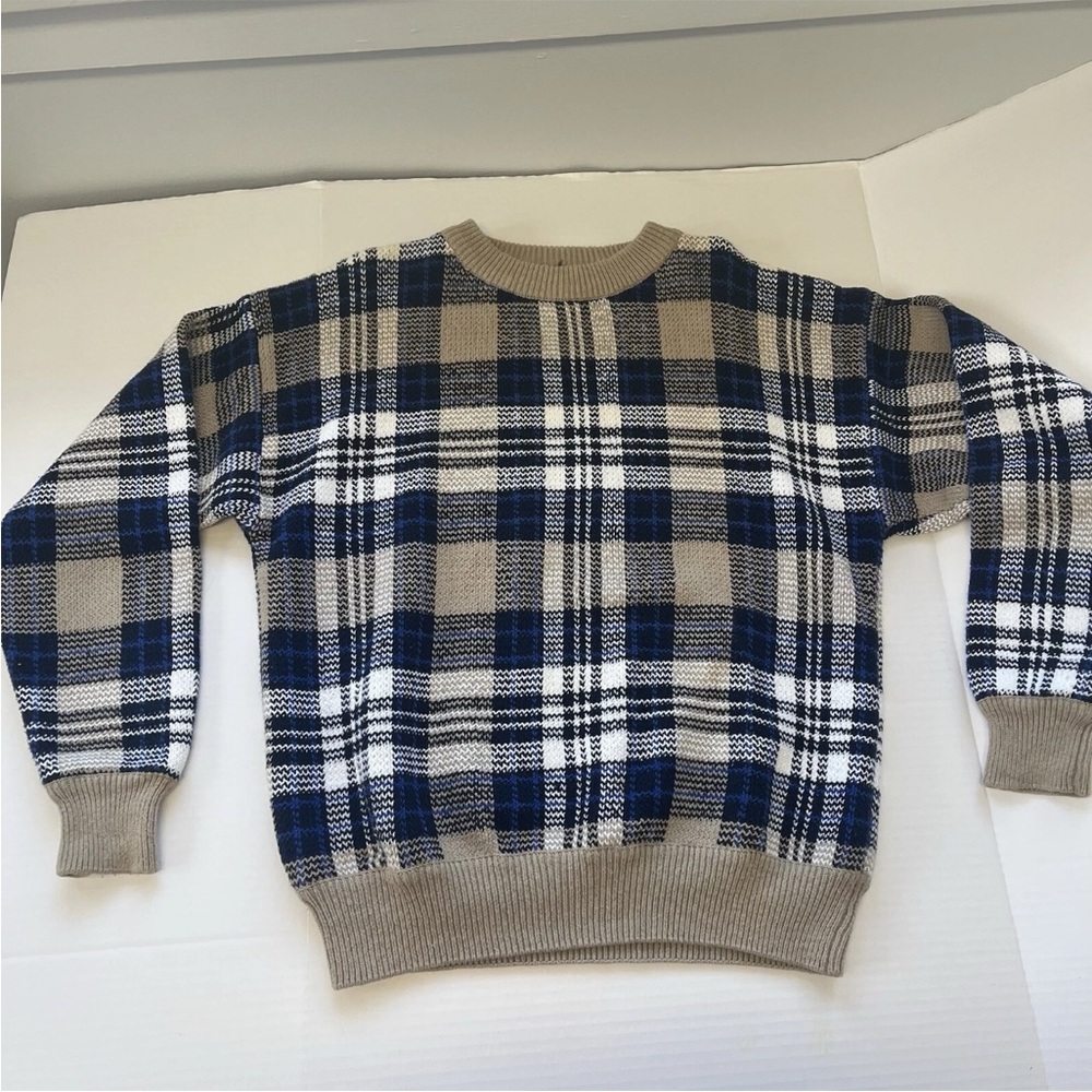 Vintage Nautica, pullover sweater, size large tan, and white blue rare pattern